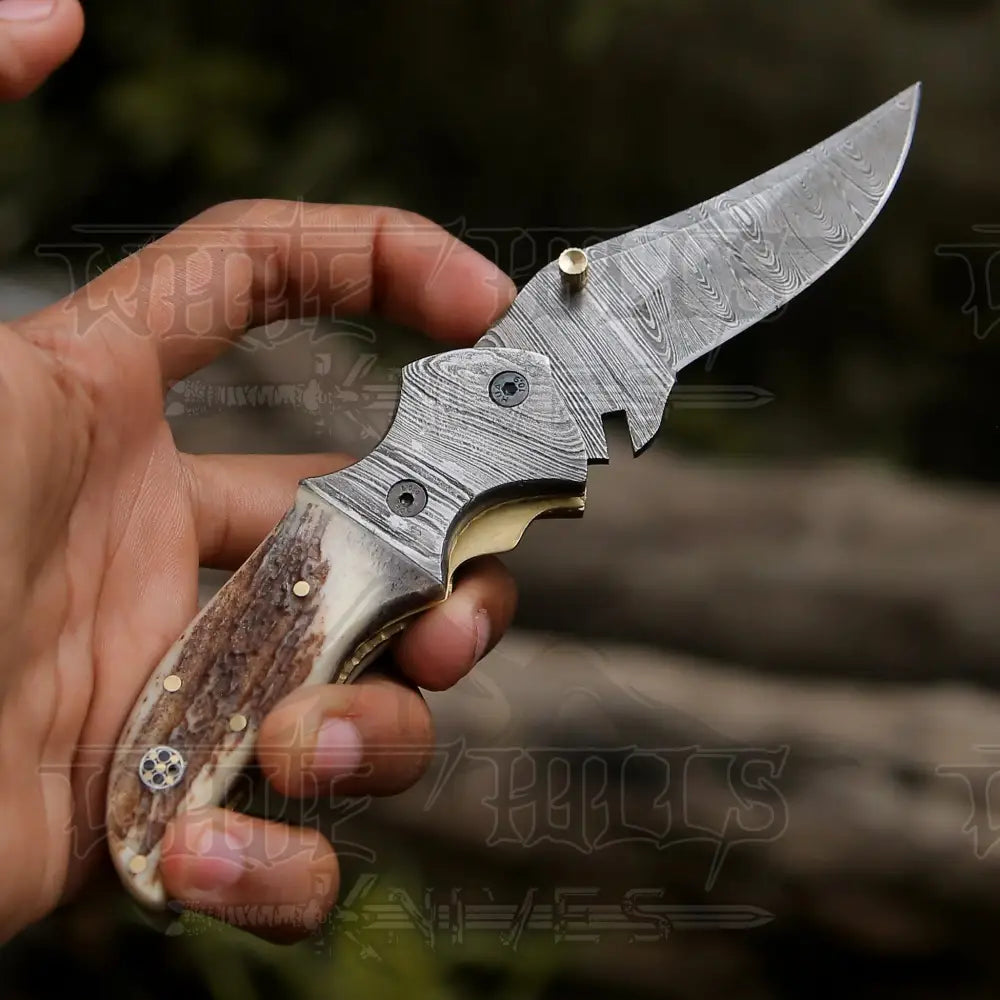 7 Handmade Forged Damascus Pocket Folding Knife - Stag Antler Handle Bolster Wh 3530