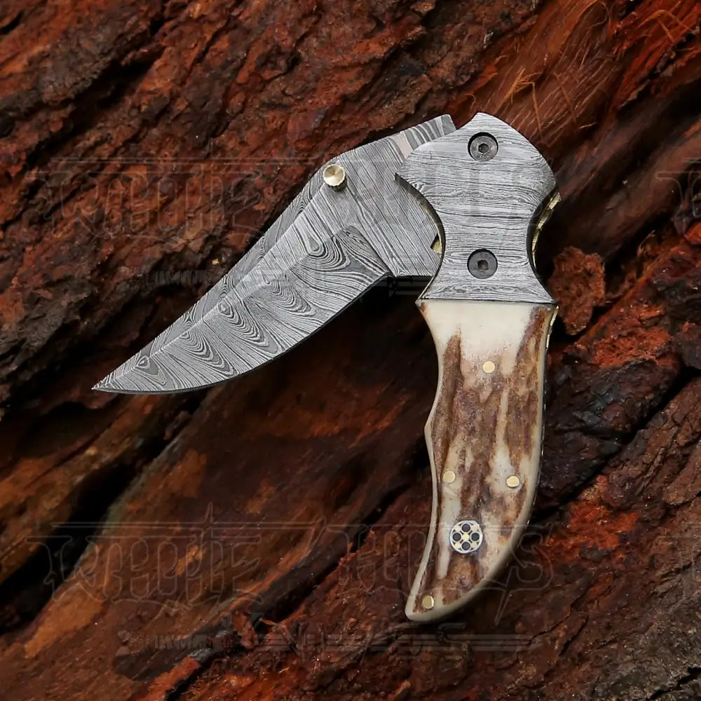 7 Handmade Forged Damascus Pocket Folding Knife - Stag Antler Handle Bolster Wh 3530