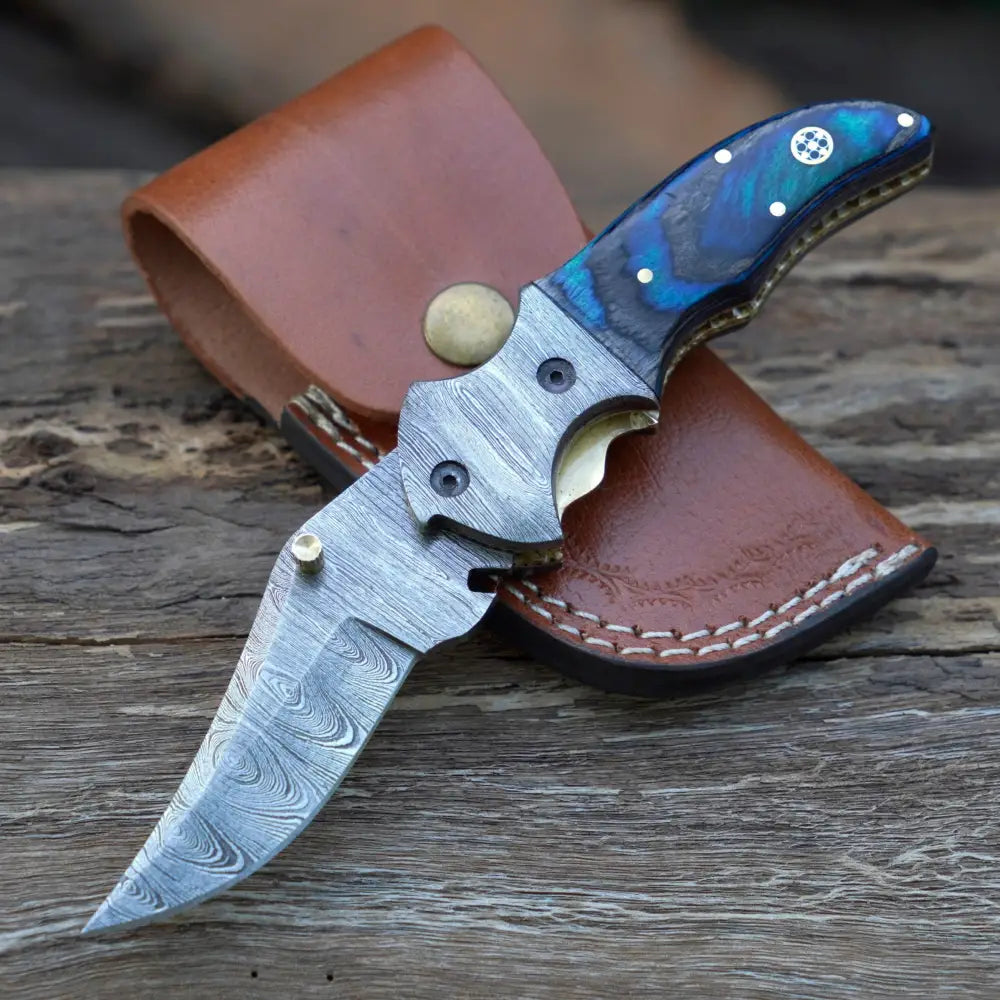 7’’ Handmade Forged Damascus Pocket Folding Knife With Clip - Pakka Wood Handle Bolster Wh 3537-Cp