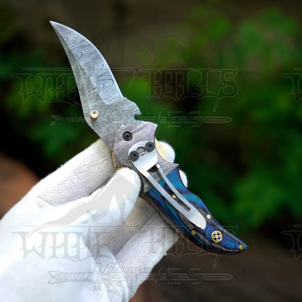 7’’ Handmade Forged Damascus Pocket Folding Knife With Clip - Pakka Wood Handle Bolster Wh 3537-Cp