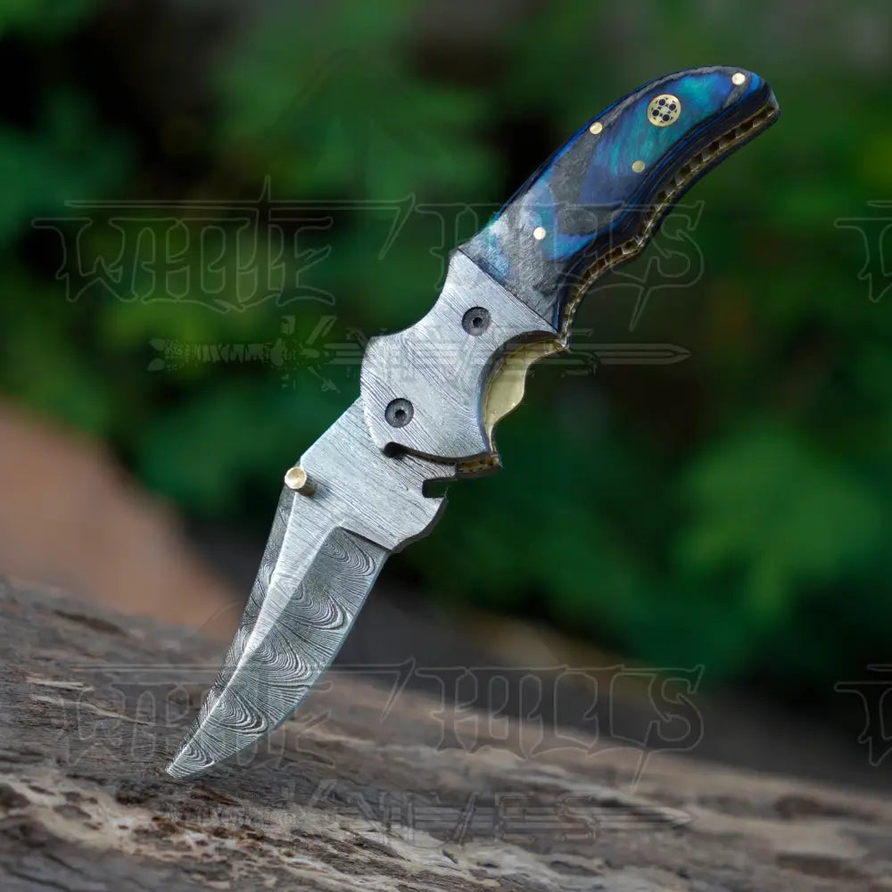 7’’ Handmade Forged Damascus Pocket Folding Knife With Clip - Pakka Wood Handle Bolster Wh 3537-Cp