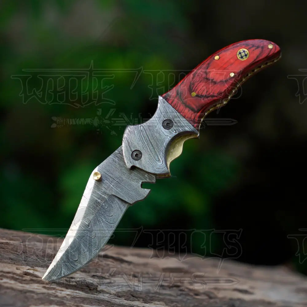 7’’ Handmade Forged Damascus Pocket Folding Knife With Clip - Pakka Wood Handle Bolster Wh 3538-Cp
