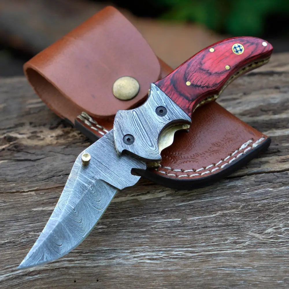 7’’ Handmade Forged Damascus Pocket Folding Knife With Clip - Pakka Wood Handle Bolster Wh 3538-Cp