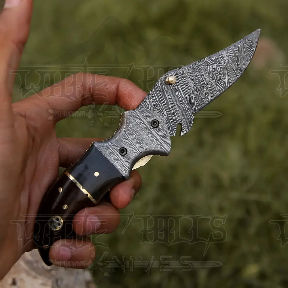7 Handmade Forged Damascus Pocket Folding Knife - Wood & Bull Horn Handle Bolster Wh 3528