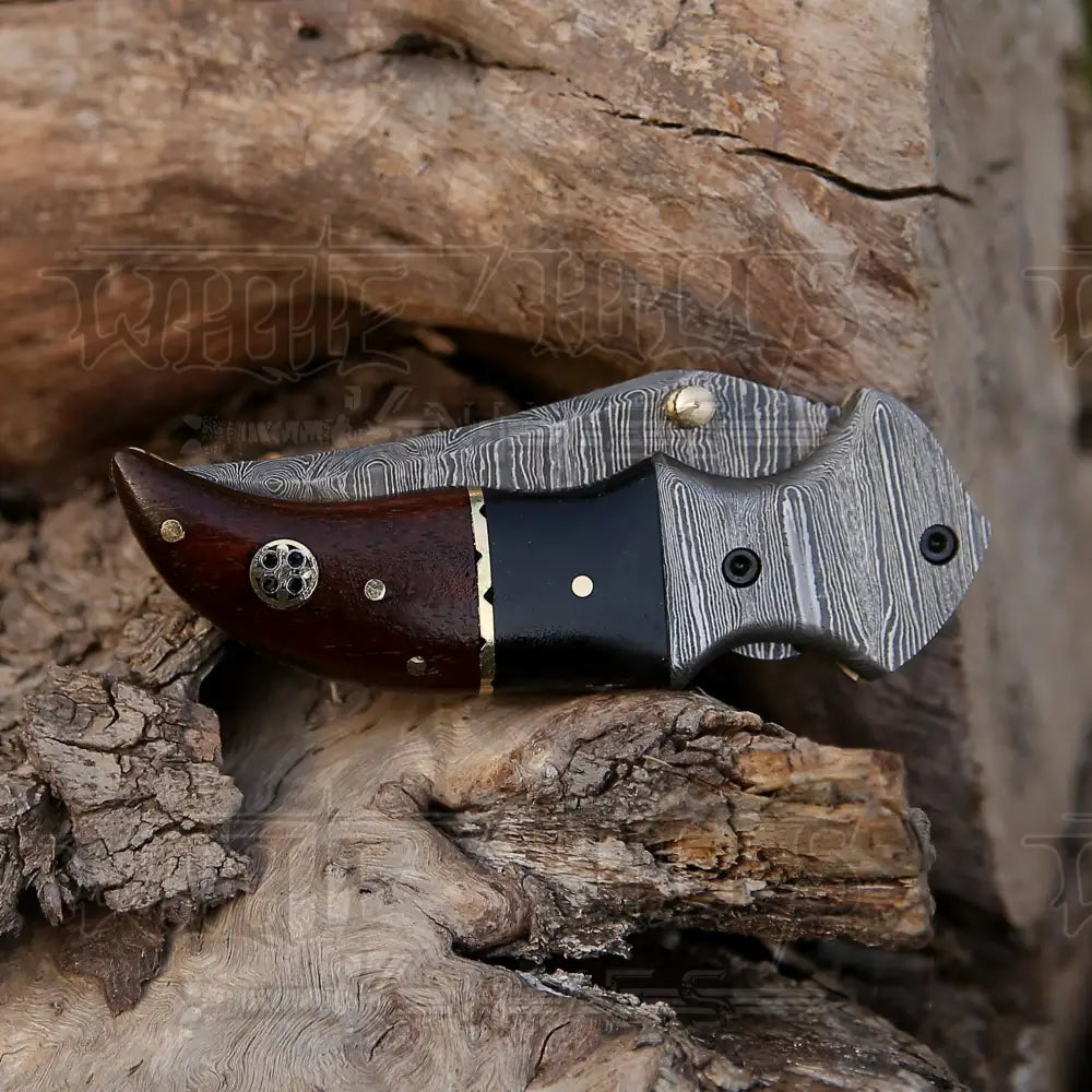 7 Handmade Forged Damascus Pocket Folding Knife - Wood & Bull Horn Handle Bolster Wh 3528