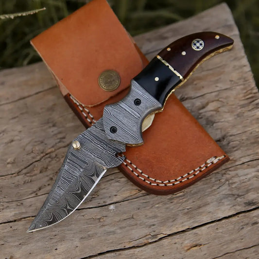 7 Handmade Forged Damascus Pocket Folding Knife - Wood & Bull Horn Handle Bolster Wh 3528