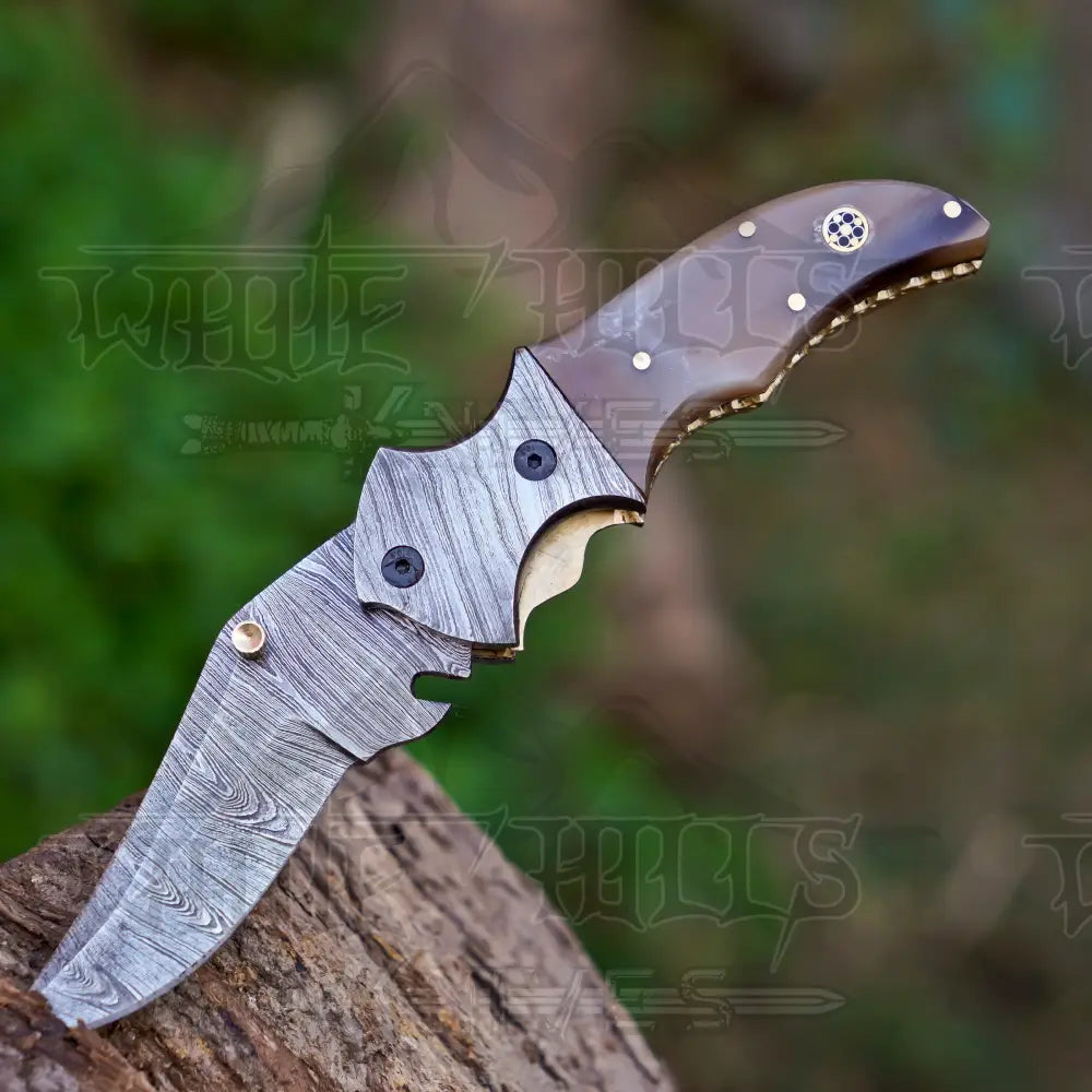 7’’ Handmade Forged Damascus Pocket Knife with Pocket Clip - Ram Horn Handle - Damascus Bolster WH 3529-CP Folding Knife
