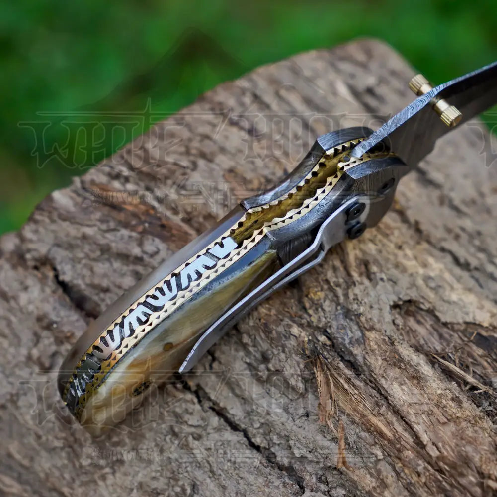7’’ Handmade Forged Damascus Pocket Knife with Pocket Clip - Ram Horn Handle - Damascus Bolster WH 3529-CP Folding Knife