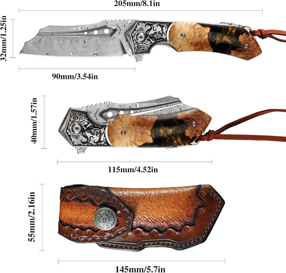 High Quality Damascus Steel Pocket Folding Knife with Resin Maple Handle, Men's Outdoor Knife, Survival Adventure Hunting Knife White Hills Knives