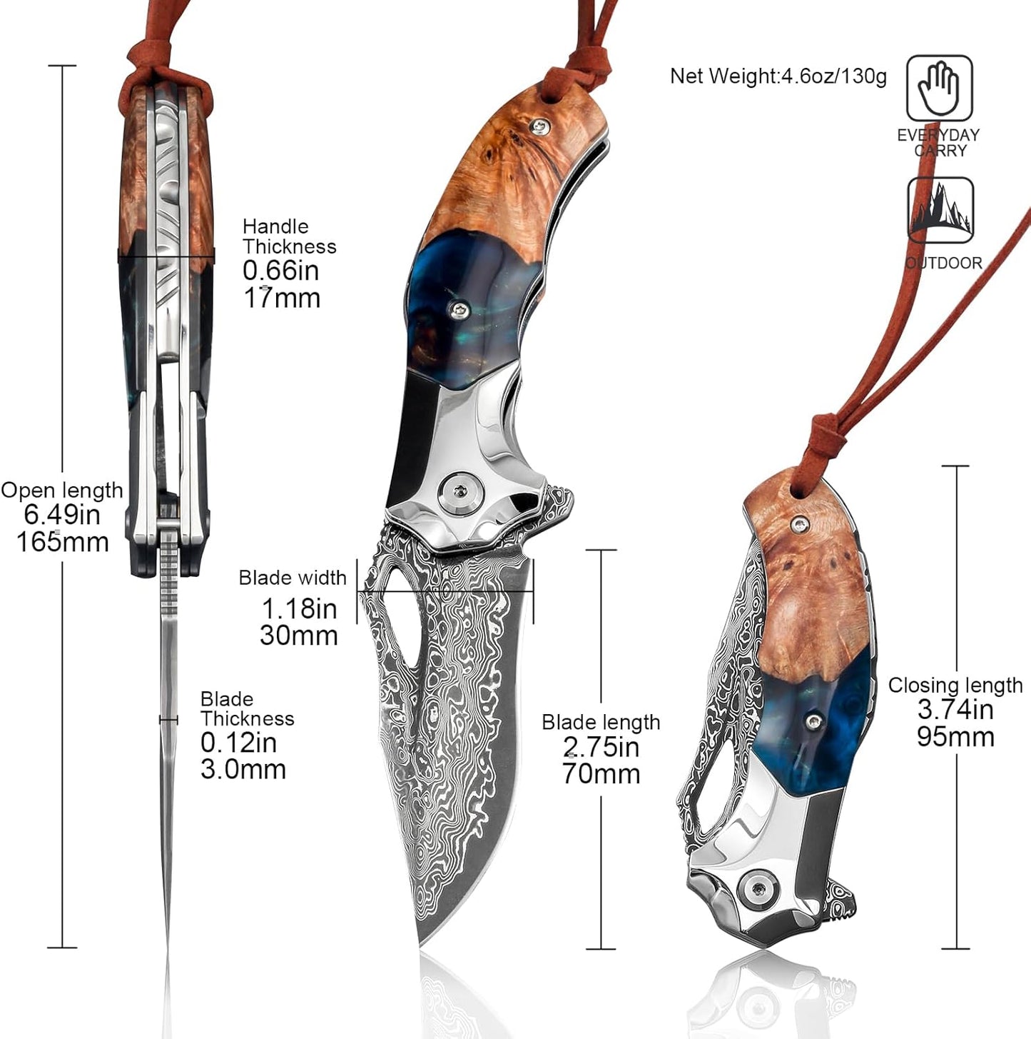 Handmade Damascus Steel Pocket Knife - Folding Knife - Outdoor Camping Hunting Survival Knife EDC White Hills Knives