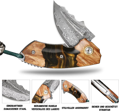 Handmade Japanese Damascus Steel Pocket Knife - EDC Folding Knife With Leather Sheath - Resin and Maple Handle White Hills Knives