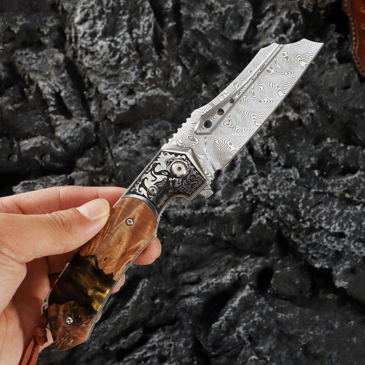 High Quality Damascus Steel Pocket Folding Knife with Resin Maple Handle, Men's Outdoor Knife, Survival Adventure Hunting Knife White Hills Knives