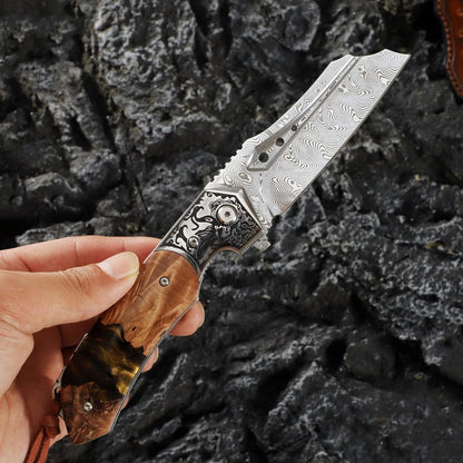 High Quality Damascus Steel Pocket Folding Knife with Resin Maple Handle, Men's Outdoor Knife, Survival Adventure Hunting Knife White Hills Knives