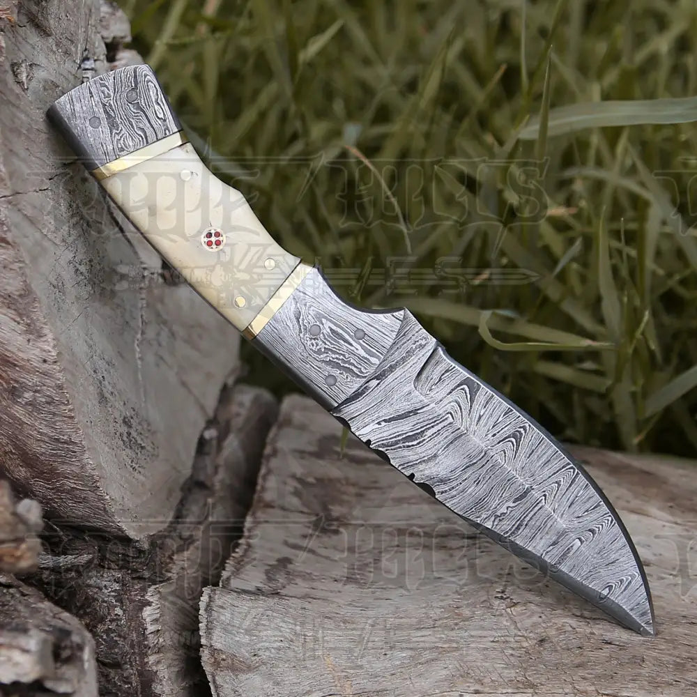 8.5 Hand Forged Damascus Steel Full Tang Skinner Knife - Camel Bone Handle H-017 Collectibles:knives