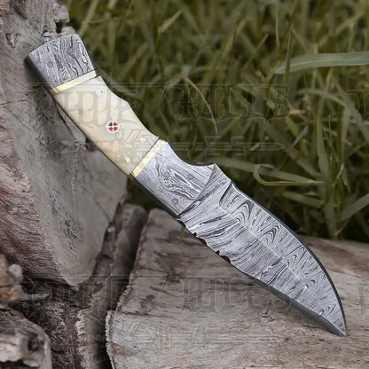 8.5 Hand Forged Damascus Steel Full Tang Skinner Knife - Camel Bone Handle H-017 Collectibles:knives