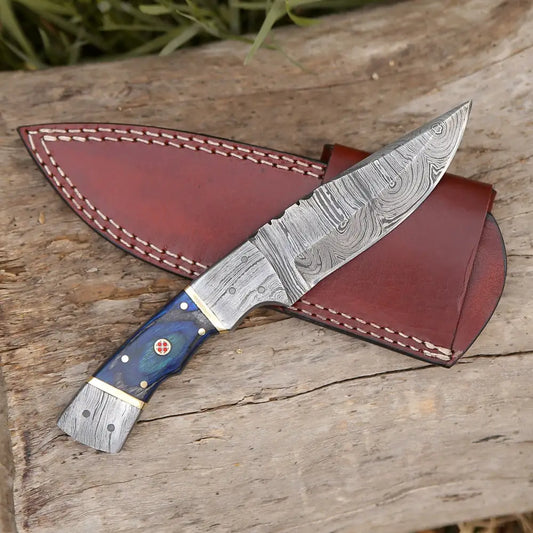 8.5 Hand Forged Damascus Steel Full Tang Skinner Knife - Colored Wood Handle H 019