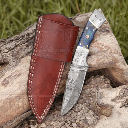8.5 Hand Forged Damascus Steel Full Tang Skinner Knife - Colored Wood Handle H 019
