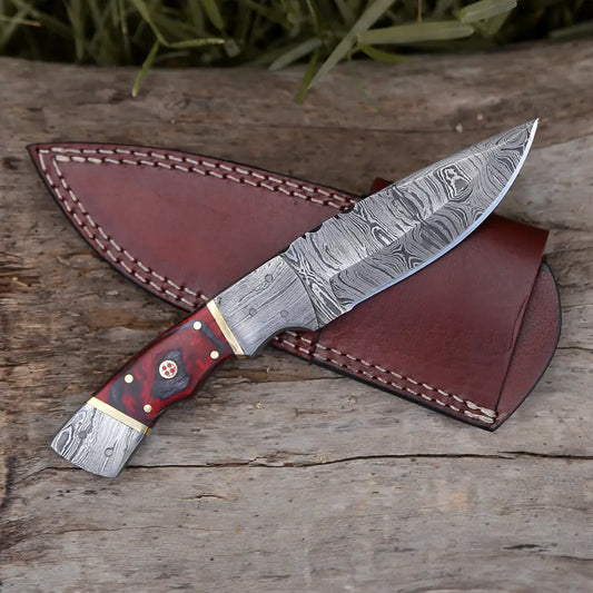 8.5 Hand Forged Damascus Steel Full Tang Skinner Knife - Red Wood Handle H 021 Collectibles:knives