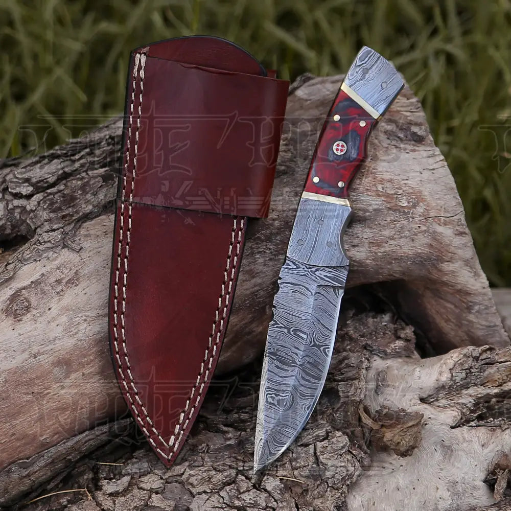8.5 Hand Forged Damascus Steel Full Tang Skinner Knife - Red Wood Handle H 021 Collectibles:knives