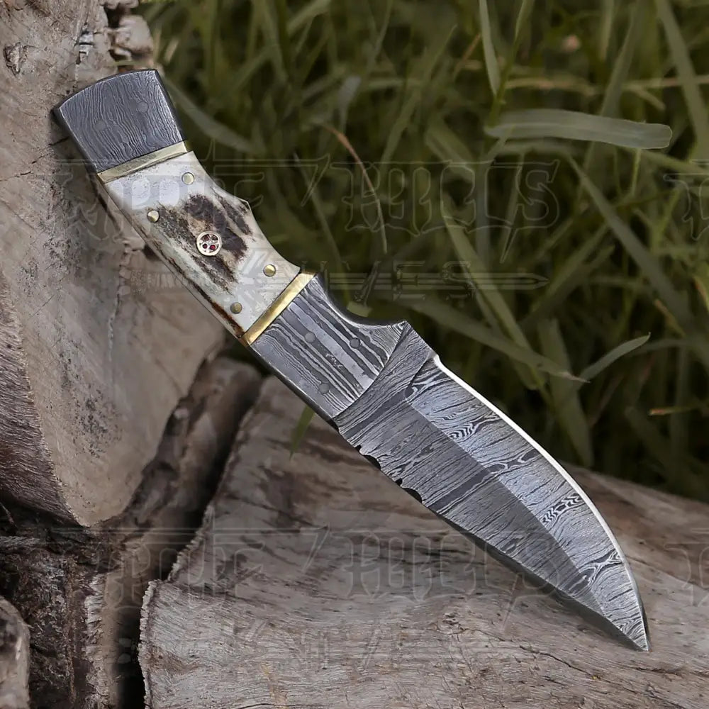 8.5 Hand Forged Damascus Steel Full Tang Skinner Knife - Stag Antler Handle H 018