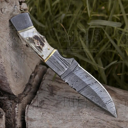 8.5 Hand Forged Damascus Steel Full Tang Skinner Knife - Stag Antler Handle H 018