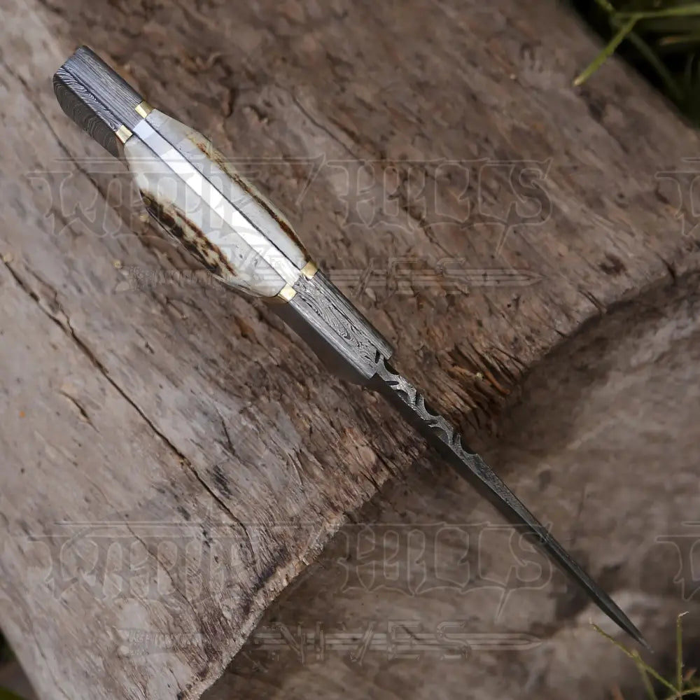 8.5 Hand Forged Damascus Steel Full Tang Skinner Knife - Stag Antler Handle H 018