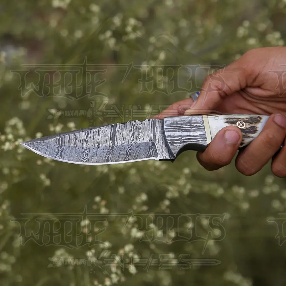 8.5 Hand Forged Damascus Steel Full Tang Skinner Knife - Stag Antler Handle H 018