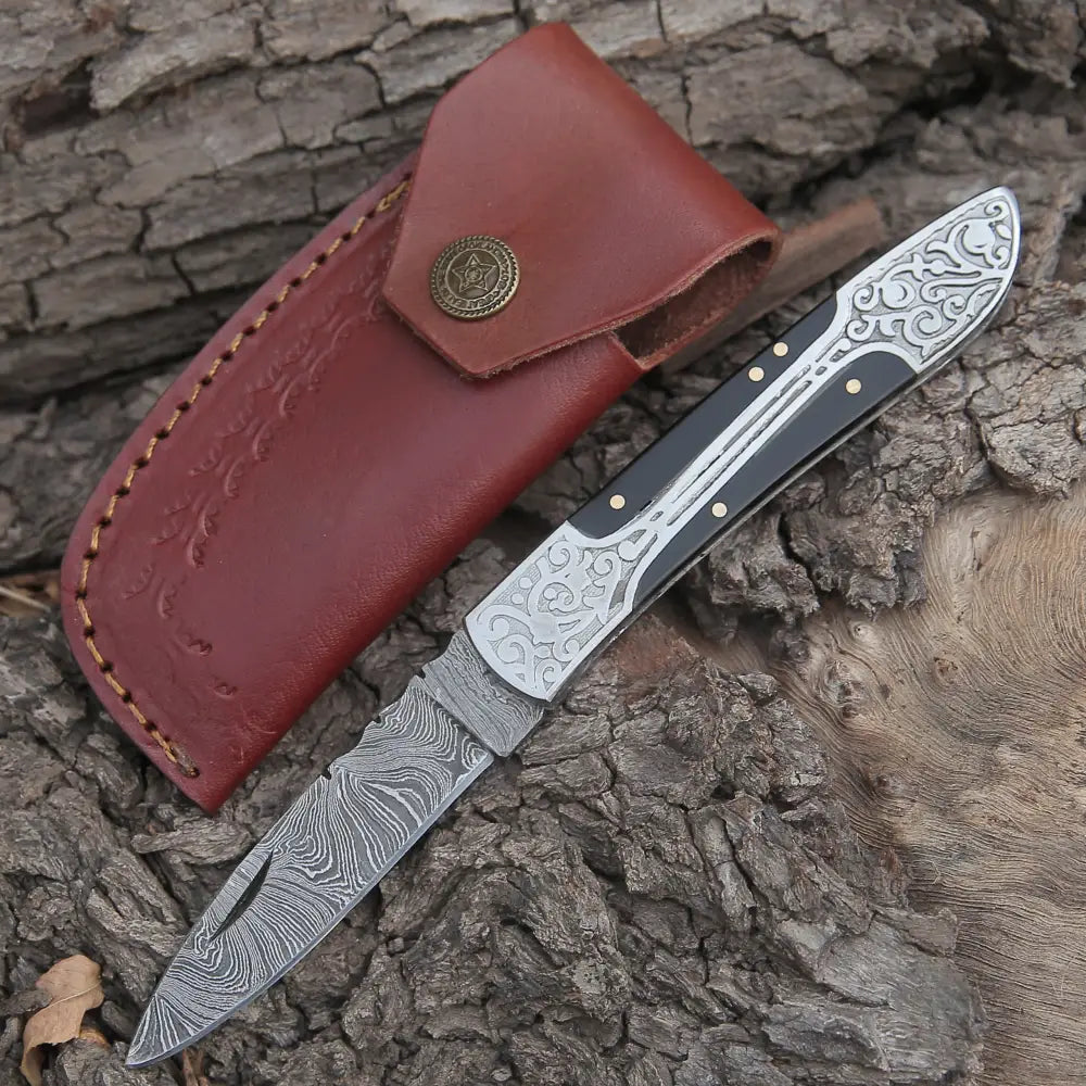 8 Handmade Bull Horn Handle Folding Pocket Knife With Engraved Frame Work