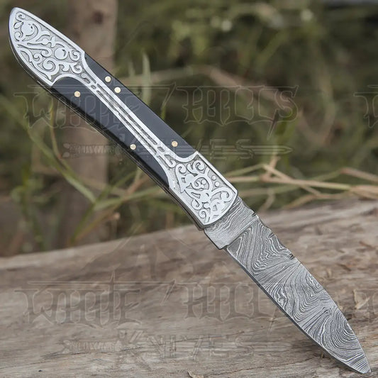8 Handmade Bull Horn Handle Folding Pocket Knife With Engraved Frame Work