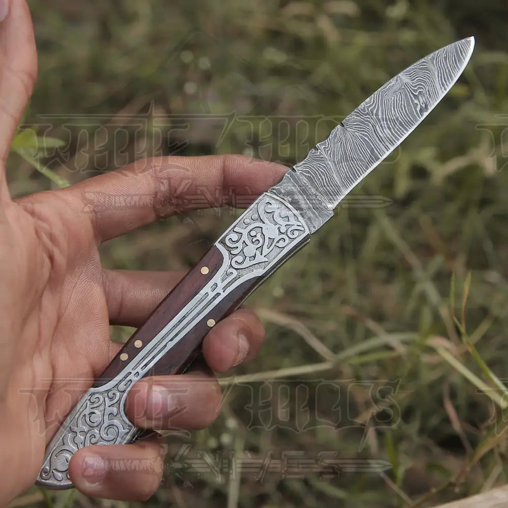 8 Handmade Dark Wood Handle Folding Pocket Knife With Engraved Frame Work