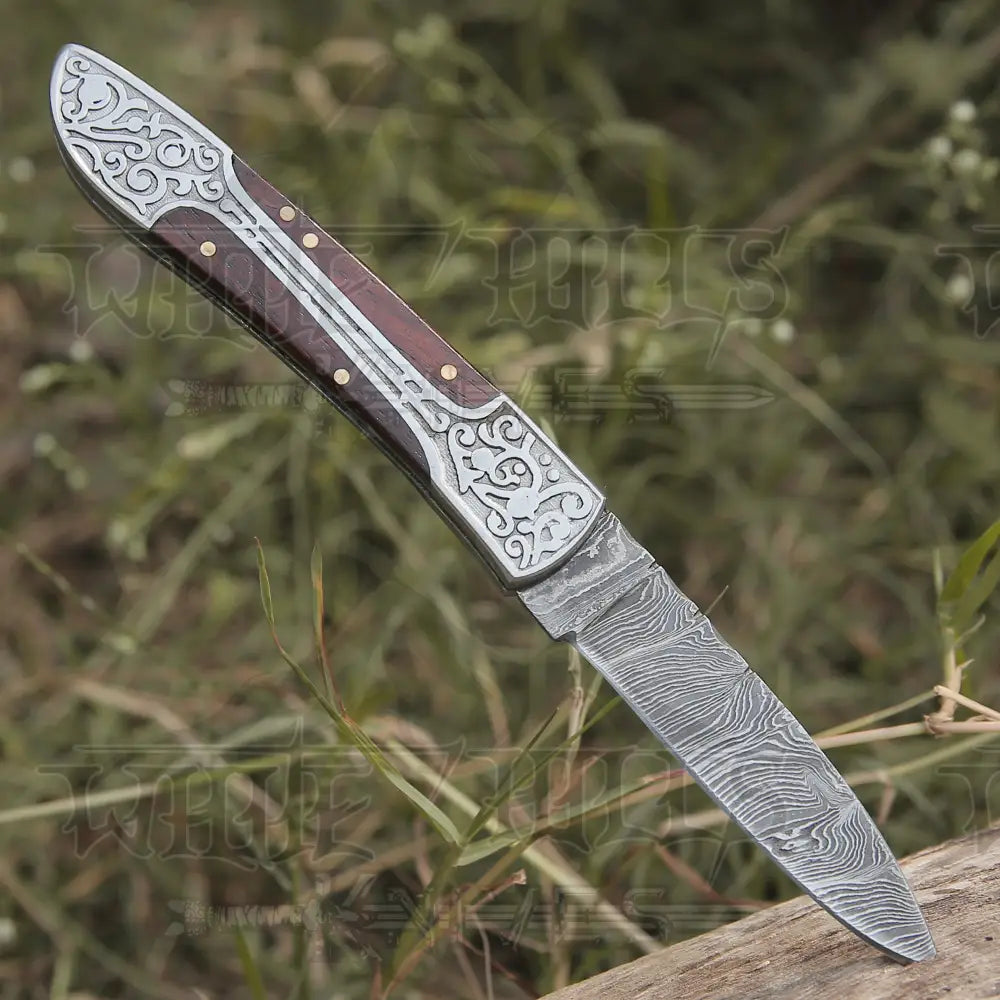 8 Handmade Dark Wood Handle Folding Pocket Knife With Engraved Frame Work