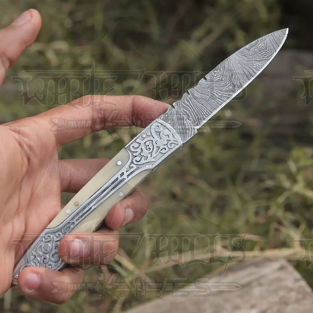 8 Handmade Green Camel Bone Handle Folding Pocket Knife With Engraved Frame Work