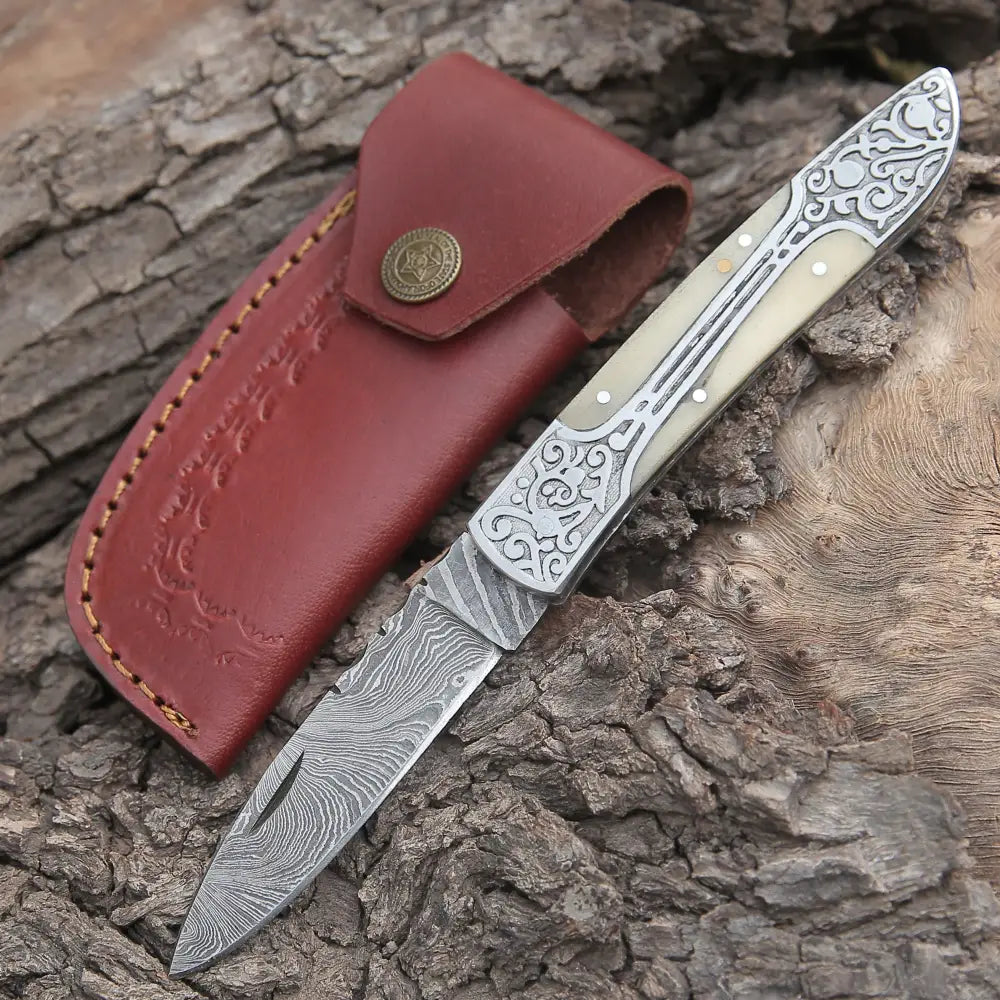 8 Handmade Green Camel Bone Handle Folding Pocket Knife With Engraved Frame Work