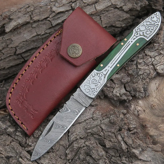 8 Handmade Green Dollar Sheet Handle Folding Pocket Knife With Engraved Frame Work