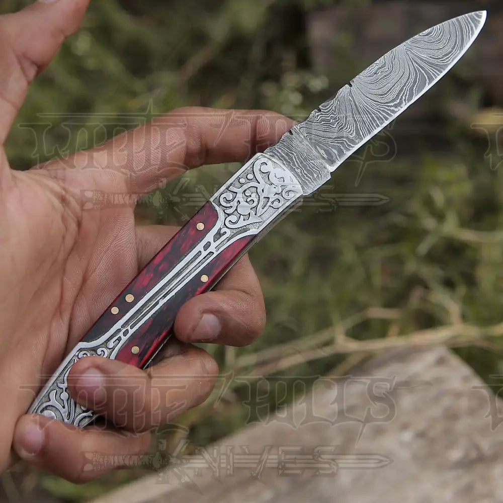 8 Handmade Red Dollar Sheet Handle Folding Pocket Knife With Engraved Frame Work