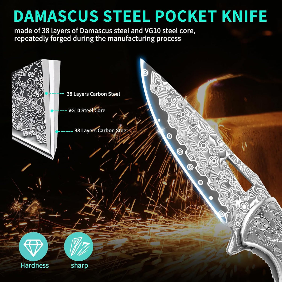 Handmade Damascus Steel Pocket Knife – Abalone Shell Handle with Engraved Bolster & Leather Sheath White Hills Knives