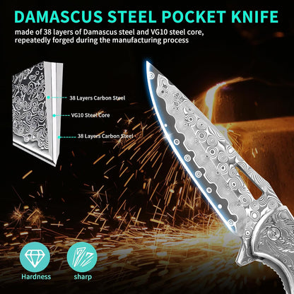 Handmade Damascus Steel Pocket Knife – Abalone Shell Handle with Engraved Bolster & Leather Sheath White Hills Knives