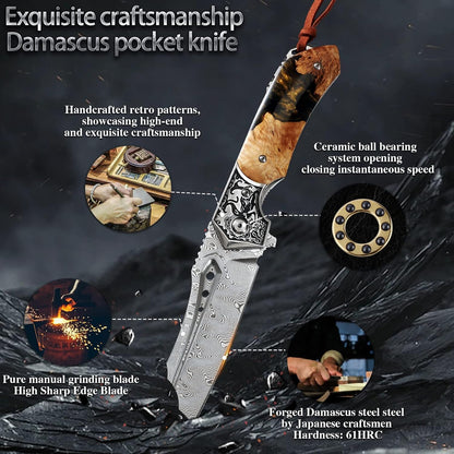 High Quality Damascus Steel Pocket Folding Knife with Resin Maple Handle, Men's Outdoor Knife, Survival Adventure Hunting Knife White Hills Knives