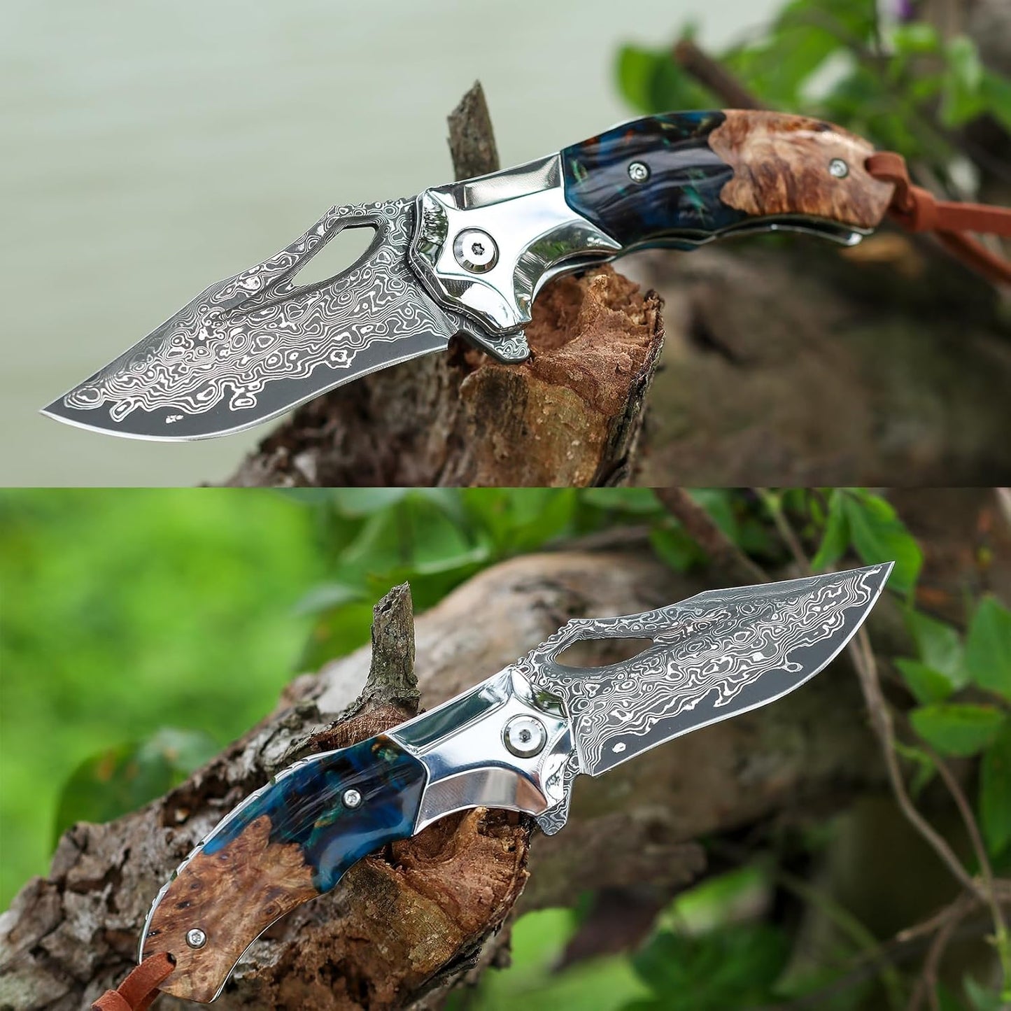 Handmade Damascus Steel Pocket Knife - Folding Knife - Outdoor Camping Hunting Survival Knife EDC White Hills Knives