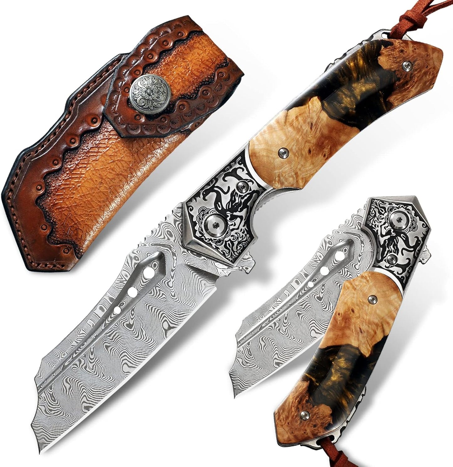 High Quality Damascus Steel Pocket Folding Knife with Resin Maple Handle, Men's Outdoor Knife, Survival Adventure Hunting Knife
