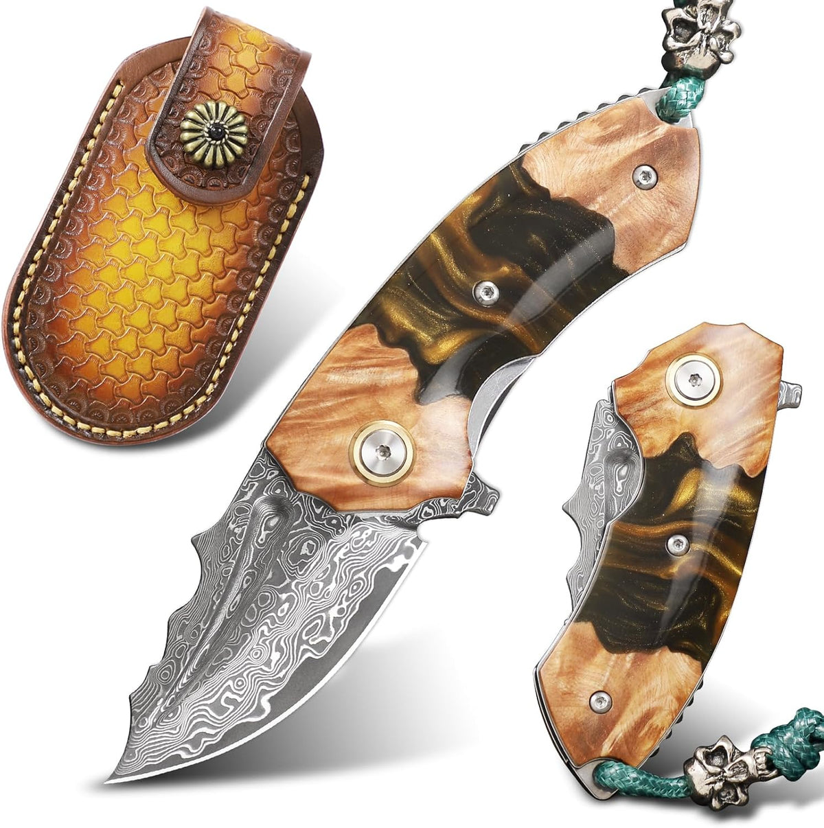 Handmade Japanese Damascus Steel Pocket Knife - EDC Folding Knife With Leather Sheath - Resin and Maple Handle White Hills Knives