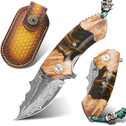 Handmade Japanese Damascus Steel Pocket Knife - EDC Folding Knife With Leather Sheath - Resin and Maple Handle White Hills Knives