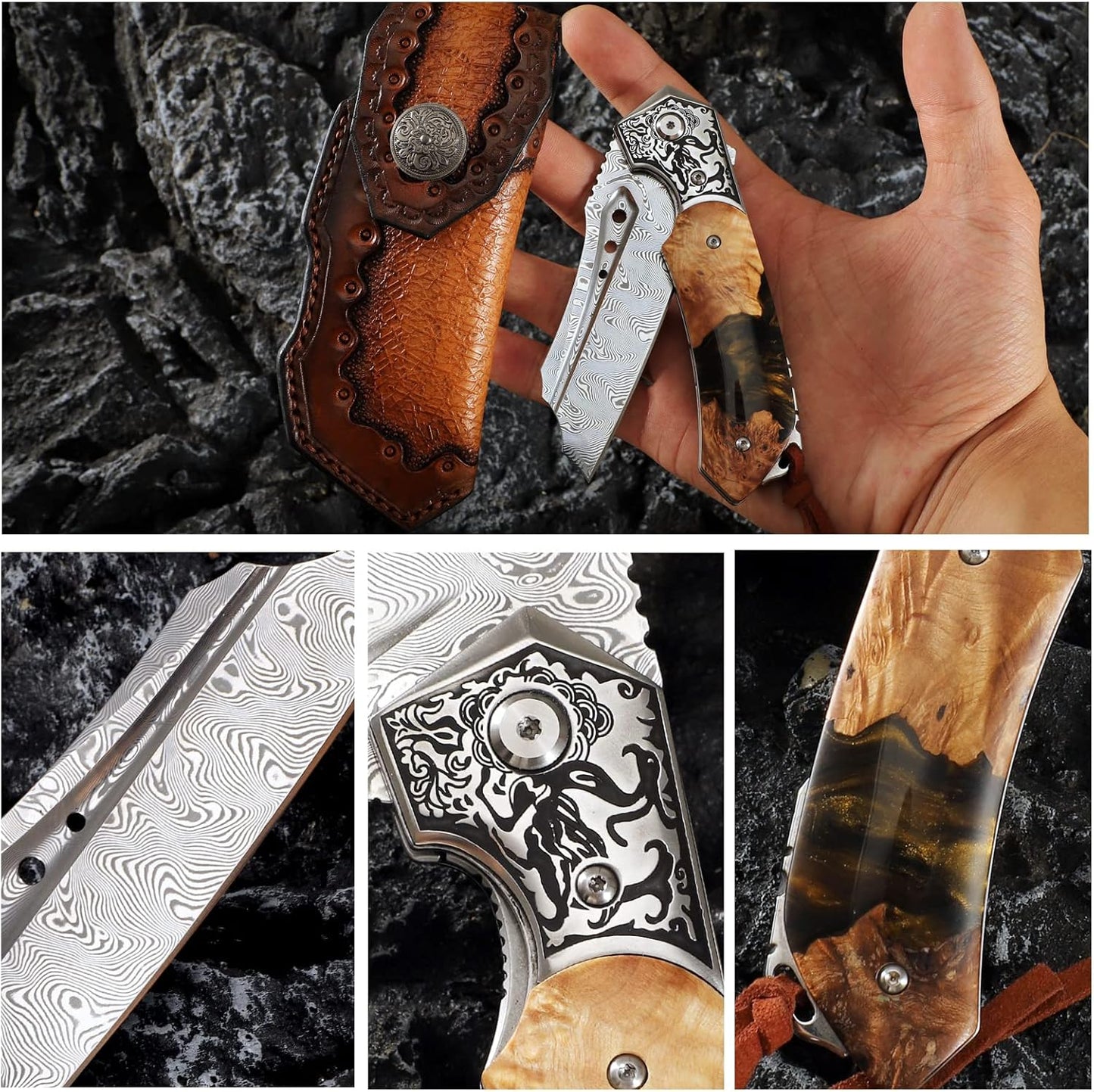 High Quality Damascus Steel Pocket Folding Knife with Resin Maple Handle, Men's Outdoor Knife, Survival Adventure Hunting Knife