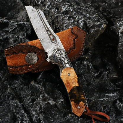 High Quality Damascus Steel Pocket Folding Knife with Resin Maple Handle, Men's Outdoor Knife, Survival Adventure Hunting Knife White Hills Knives