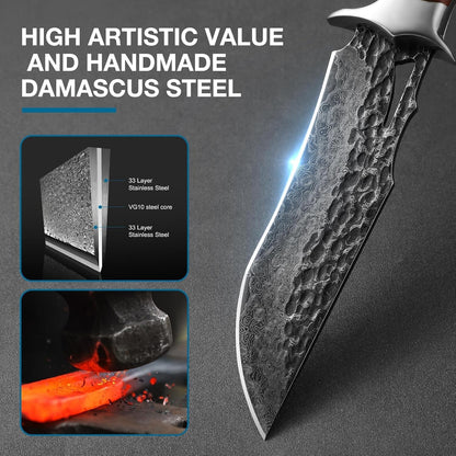 Damascus Hunting Knife - Fixed Blade Wooden Handle Hunting Knife - Damascus Steel Camping knives Comes with a Holster White Hills Knives