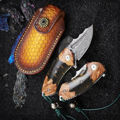 Handmade Japanese Damascus Steel Pocket Knife - EDC Folding Knife With Leather Sheath - Resin and Maple Handle White Hills Knives