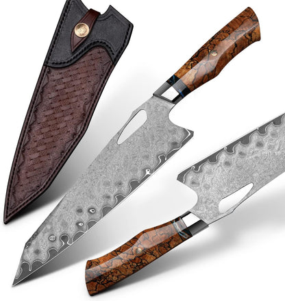 Haruto Damascus steel Japanese Chef Knife - Maple Wood with Mammoth Stone Handle White Hills Knives