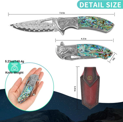 Handmade Damascus Steel Pocket Knife – Abalone Shell Handle with Engraved Bolster & Leather Sheath White Hills Knives