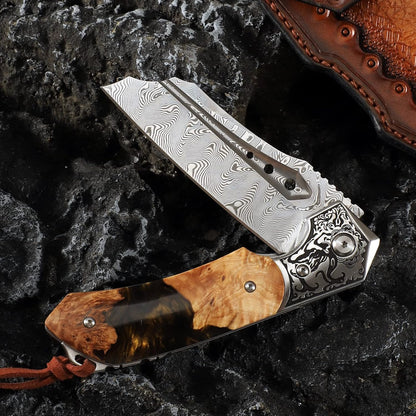 High Quality Damascus Steel Pocket Folding Knife with Resin Maple Handle, Men's Outdoor Knife, Survival Adventure Hunting Knife White Hills Knives