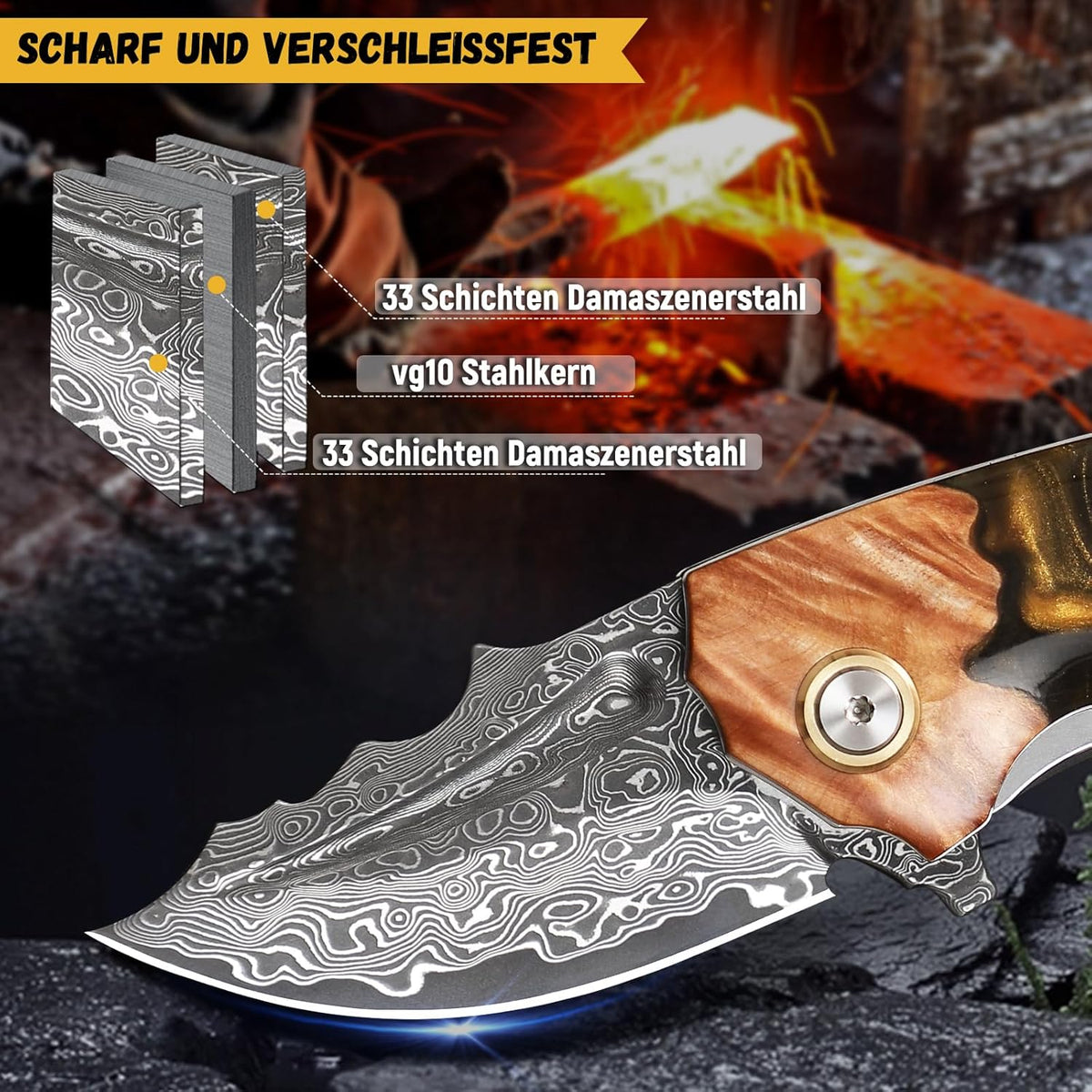 Handmade Japanese Damascus Steel Pocket Knife - EDC Folding Knife With Leather Sheath - Resin and Maple Handle White Hills Knives